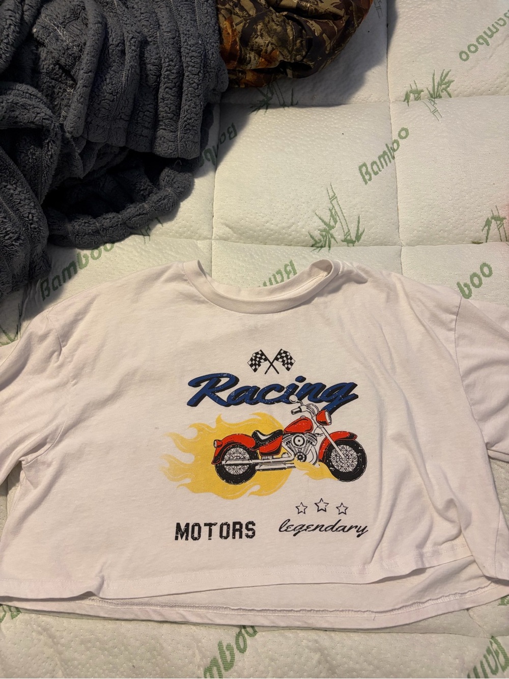 Streetwear Society White Crop Top with Racing Motorcycle Graphic
